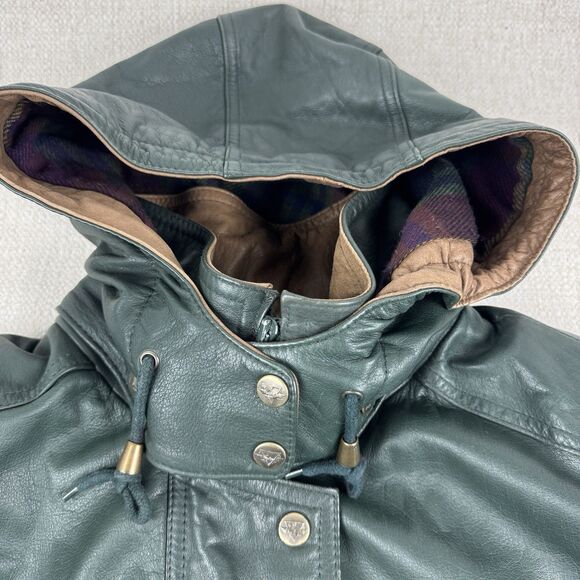 Vintage Verducci Soft Green Leather Jacket Women's 90s Hooded Lined Coat Large - Picture 3 of 16